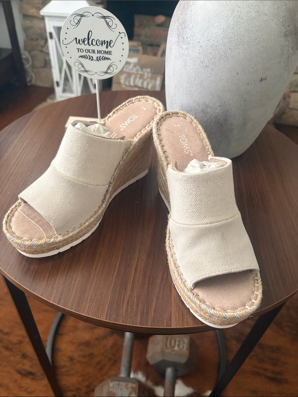 TOMS Beige Canvas Espadrille Wedge Slides
